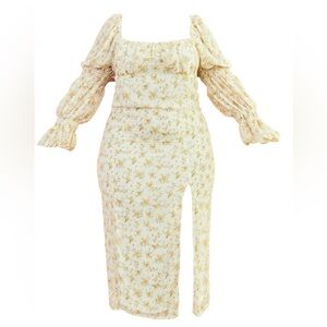 Plus Yellow Floral Puff Sleeve Midi Dress